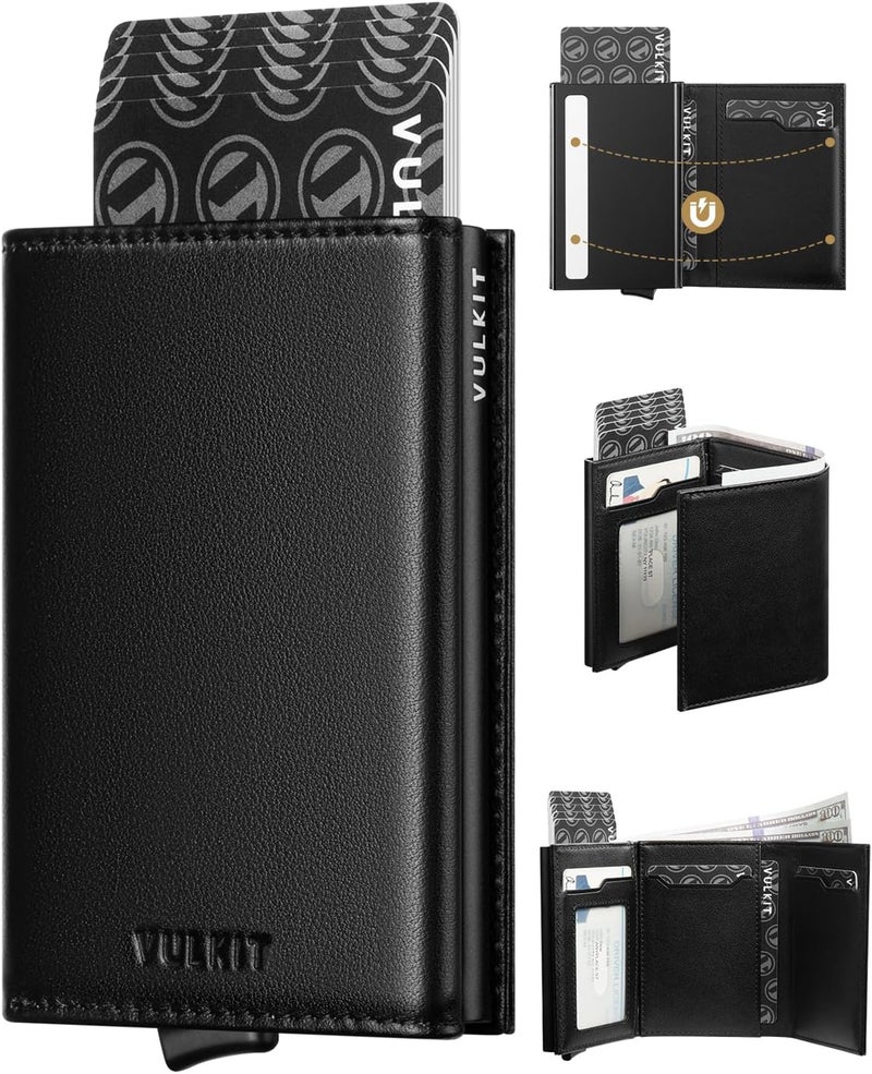VULKIT محفظة بطاقات منبثقة - محفظة نقدية بسيطة مع حماية RFID من الجلد لحامل بطاقات الائتمان الذكي مع نافذة هوية للرجال - Image 1